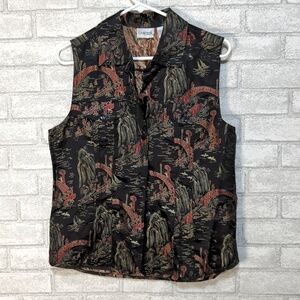 Chico's Silk Blend Black Red Asian Inspired Button Up Vest size 1 Medium